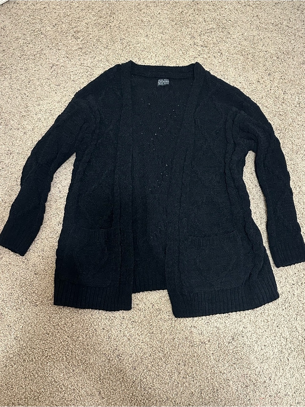 Maison Jules Black Cable-Knit Open Cardigan with Pockets